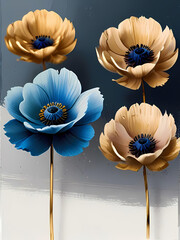 Abstract minimalist Anemone painting, Navy blue and white anemone, Ultra Minimalist.	