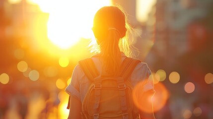Woman with backpack walking down street at sunset with sun in background, peaceful evening stroll in urban setting
