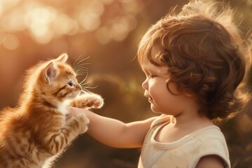a child playing with a red kitten - obrazy, fototapety, plakaty