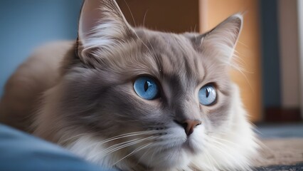 Serene Blue-Eyed Long-Haired Cat Resting Indoors.