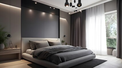 Modern Minimalist Bedroom Interior with Nature View.