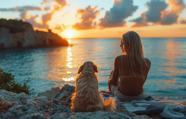 Young woman and her dog sitting on the rocks and watching the sunset
