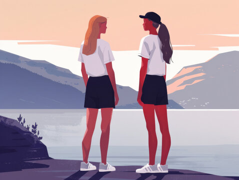 Two illustrated women facing each other with a scenic lake and mountains in the background during sunset.