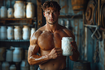 A man with a muscular chest holding a jar of something