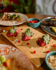 Eastern cuisine. Georgian fresh salad. Georgian national cuisine, food on the table in the restaurant. Oriental food. Authentic traditional meals