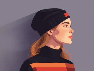 Illustration of a woman in profile wearing a striped sweater and beanie against a shaded background.