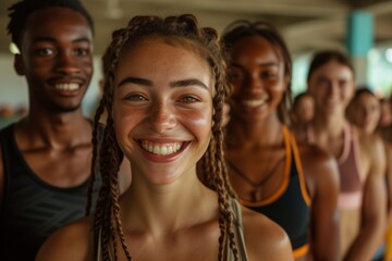 Fototapeta premium Diverse Group of Smiling People Working Out Together in a Bright and Spacious Gymnasium
