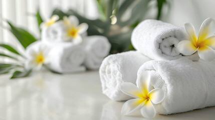 Spa composition. Rolled towels and plumeria flowers 