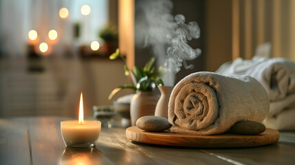 Spa composition. Rolled towels aroma diffuser massage