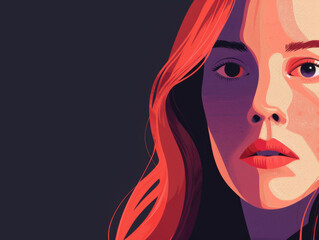Illustration of a woman with red hair and a contemplative expression on a purple background.