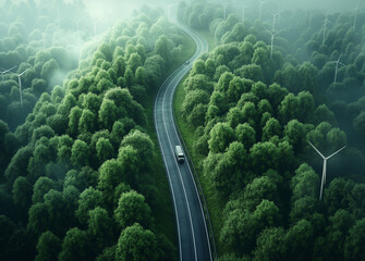 Aerial top view of a car and a hydrogen energy truck driving on a highway road in a lush green forest, accompanied by wind mills