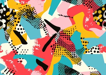 A vibrant and colorful pattern painted on a bright white background with bright different color paints with black blue and yellow with pink abstracted on the background wallpaper