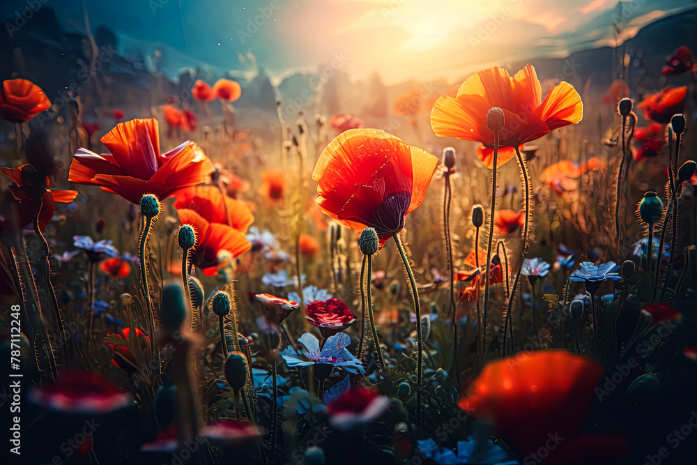 Poster a field of flowers with a single red flower in the middle.