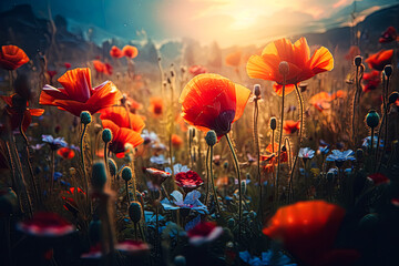 A field of flowers with a single red flower in the middle.