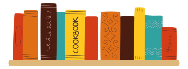 Bookstore shelf with cookbook and dictionary. Study books icon