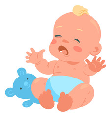 Crying toddler character. Cartoon newborn baby in tears