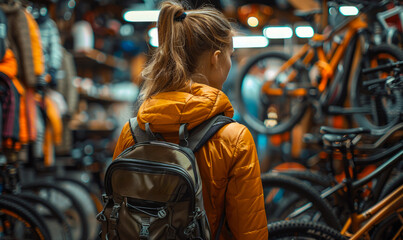 Obraz premium Girl is looking at bicycles in bike shop.