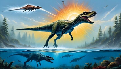 Majestic Dinosaurs Roaming a Prehistoric Landscape - obrazy, fototapety, plakaty
