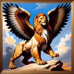 Regal Winged Lion in Classic Painting with Ornate Frame, Sky Background