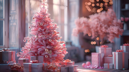 a pink Christmas tree with presents under it on a table, generative Ai