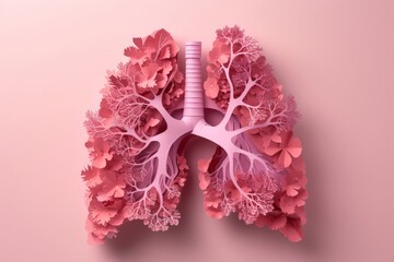 3D illustration of human respiratory system with lungs on a pink background