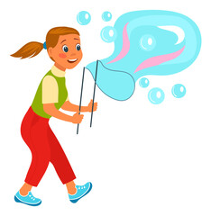 Happy girl blow big foam bubble. Cartoon kid