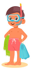 Smiling kid in scuba diving mask. Cartoon boy
