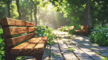 Wooden benches in the park perspective - obrazy, fototapety, plakaty