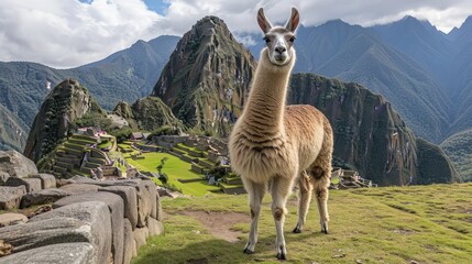 Fototapeta premium Funny Llama in Machu Picchu.