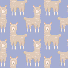 Seamless pattern with cute cartoon hand draw lama, alpaca. Design for printing, textile, fabric.