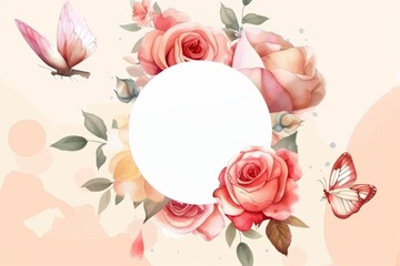 White Circle Surrounded by Pink Roses and Butterflies