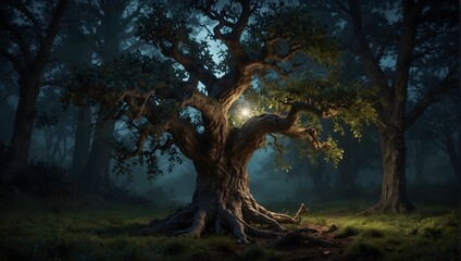 An ancient, gnarled apple tree in the middle of an enchanted forest, glowing softly in the moonlight Generative AI