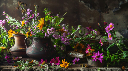 Still life with medicinal herbs and flowers