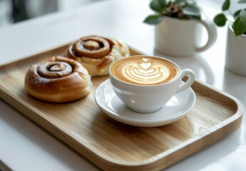 Coffee Cup and Cinnamon Roll on Wooden Tray
