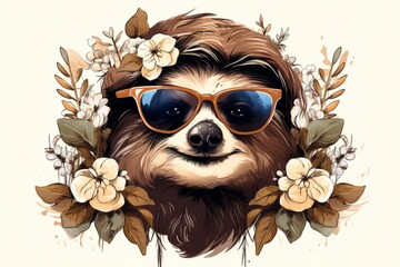 Naklejka premium A sloth is donning a pair of sunglasses and has a decorative floral arrangement around its neck, giving off a stylish and fashionable vibe