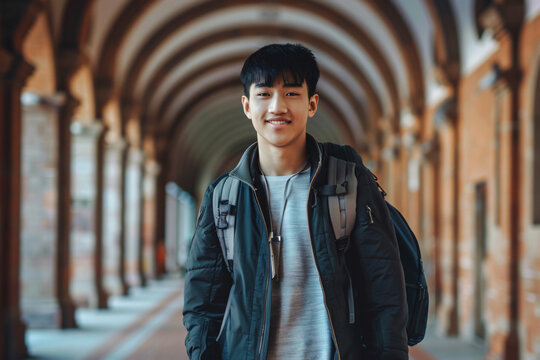 Happy university student going on a class at the university and looking at camera.