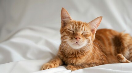 Ginger cat scratching behind her ear on white background