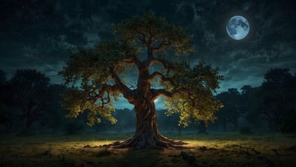Obraz na płótnie Canvas An ancient, gnarled apple tree in the middle of an enchanted forest, glowing softly in the moonlight Generative AI