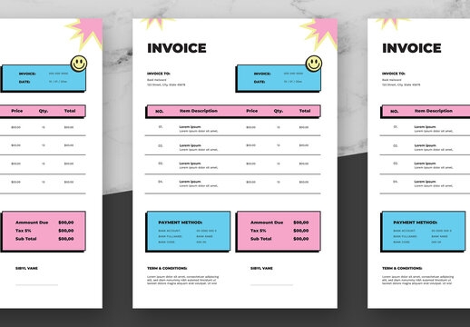 Blue And Pink Vintage Pixel Company Invoice