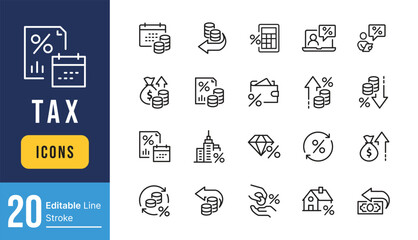 Set of Tax Related Vector Line Icons. Contains such Money Report, Interest Rate, Tax Return and more. Editable Stroke.