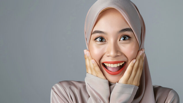 Happy beautiful girl holding her cheeks with a laugh looking to the camera. 