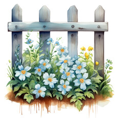 PNG Watercolor botanical on fence outdoors flower nature.