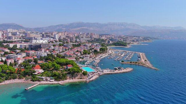 Split, Croatia: Aerial view of famous Mediterranean city by Adriatic Sea, summer day with clear blue sky - landscape panorama of Europe from above
