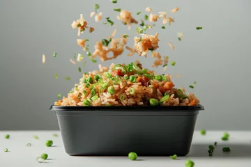 Poster Fried rice with shrimp, chicken, and vegetables in a takeout container on a grey background © Darya Lavinskaya