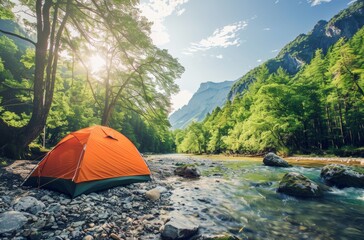 Tent Set Up on River Bank