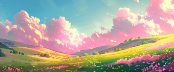 Obraz na płótnie Canvas Beautiful landscape with pink clouds in the sky and green hills in an anime style.