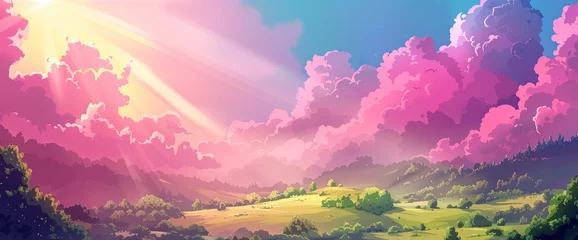 Foto op Plexiglas Snoeproze Beautiful landscape with pink clouds in the sky and green hills in an anime style.