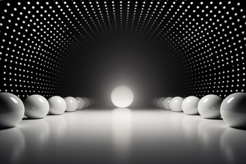 A black and white photo showing multiple balls arranged in a tunnel-like formation. The balls create a visually striking pattern within the confined space