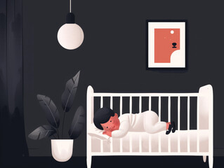 Illustration of a peaceful baby sleeping in a white crib, with a plant and wall art in a dark room.