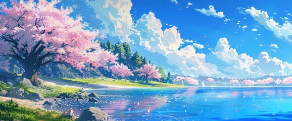 Fototapeta na wymiar Beautiful river, blue water, surrounded by green trees and pink cherry blossoms, rocks on the shore, fantasy style, sunny day, blue sky with white clouds, mobile wallpaper, highly detailed